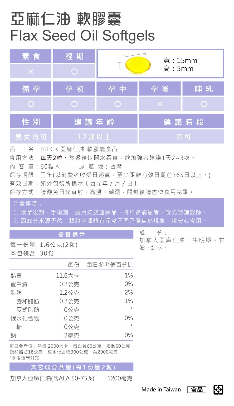 BHK's亞麻仁油通過安全檢驗，安全無慮、無副作用