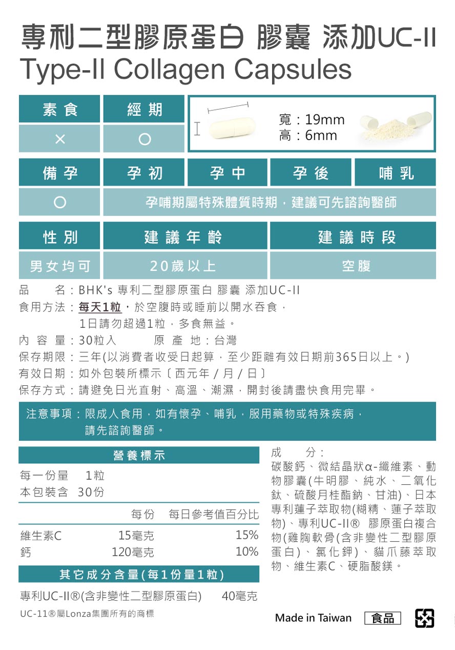 BHK's 專利UC-II固喀通過安全檢驗、安全無慮、無副作用。