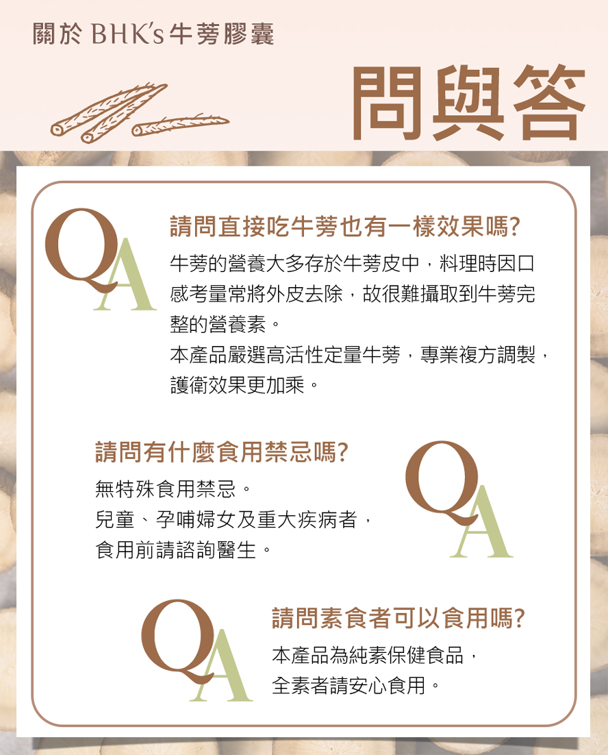 BHK保衛牛蒡問與答，本產品為純素保健食品，台灣製造，請安心食用。