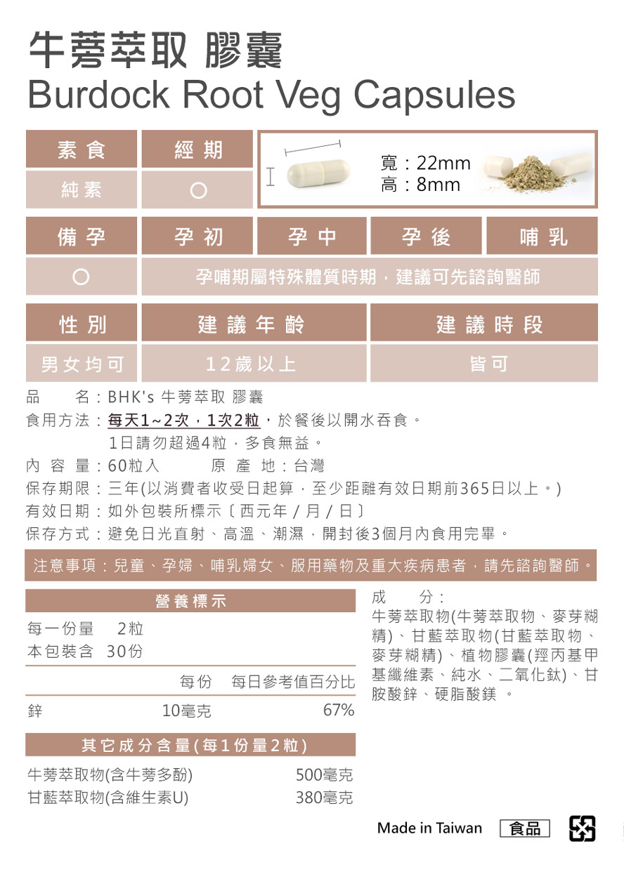 BHK's牛蒡通過安全檢驗合格，每天食用2粒，即可達到有效保胃。