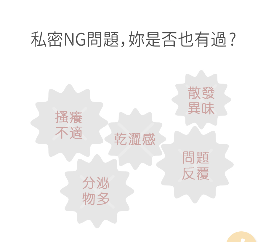 常見的私密處問題：私密肌搔癢、分泌物過多、乾澀感、異味魚腥味、婦科反覆發炎。