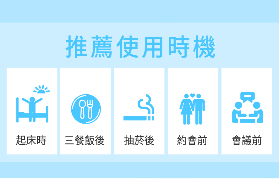 三餐飯後、剛睡醒時、抽菸後、約會前、開會交談前建議食用BHK's益菌淨口錠，讓口氣芬芳宜人。