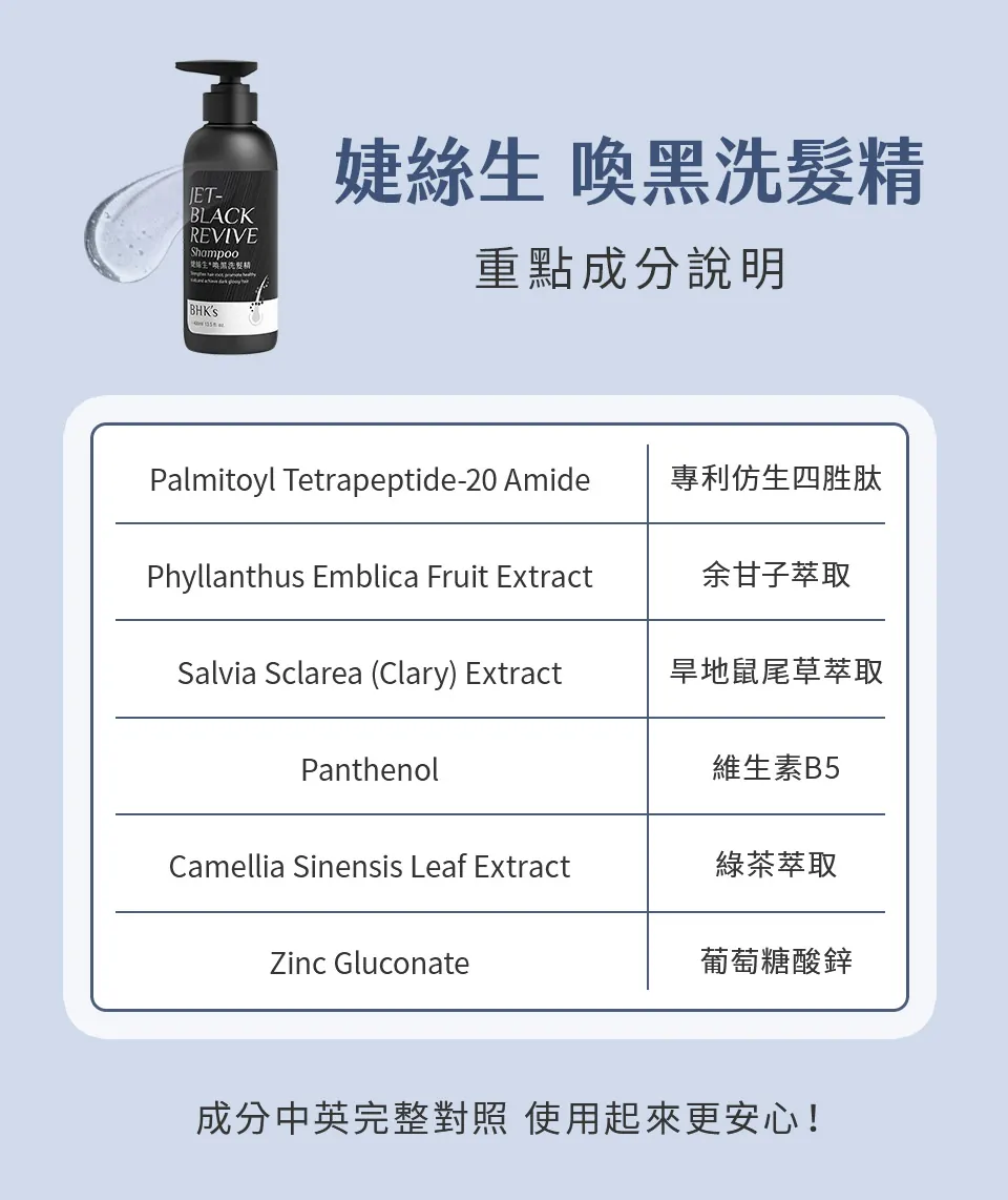 BHKs喚黑洗髮精成分表。