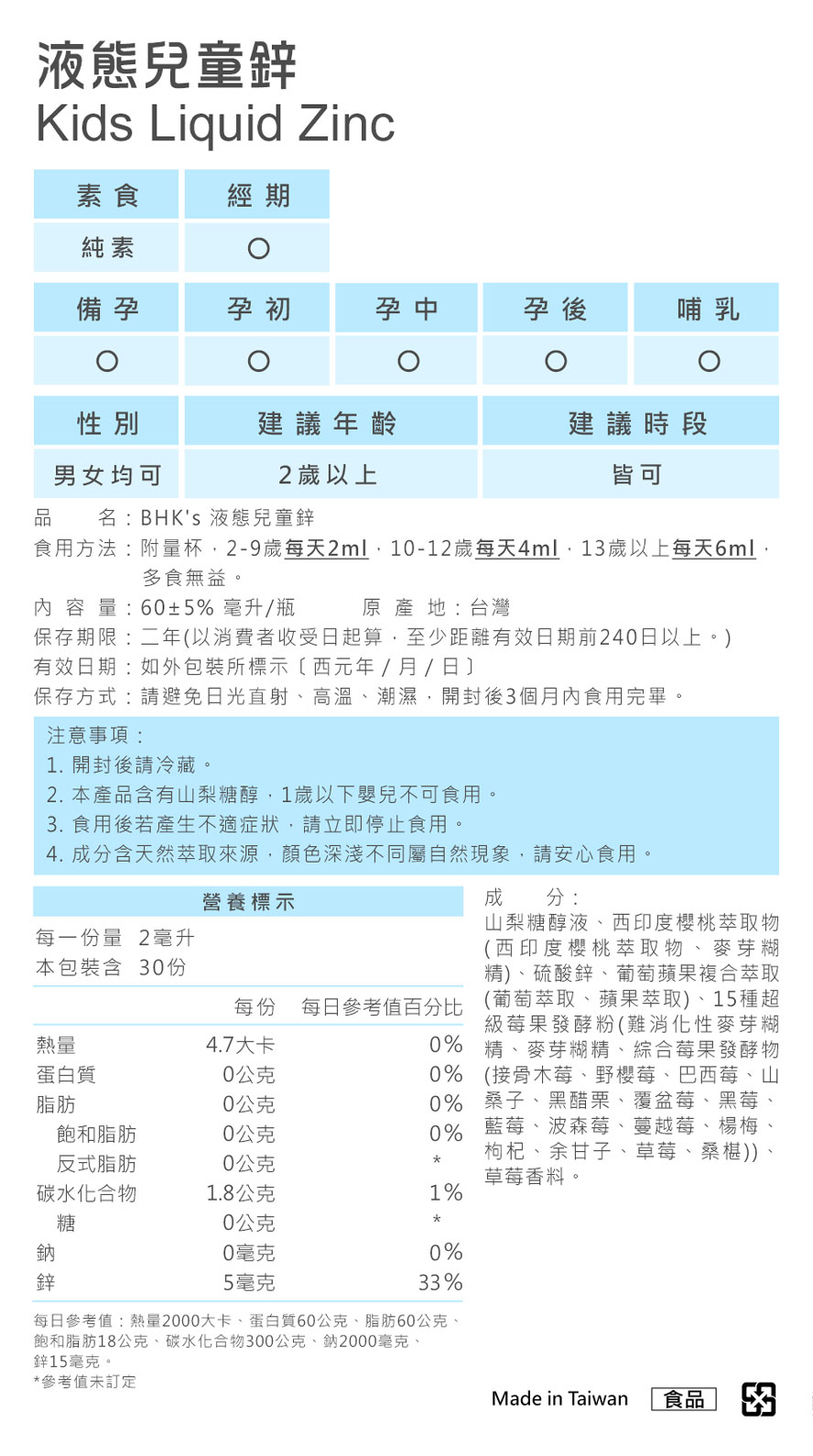 BHK's液態兒童鋅成分、含量標示。