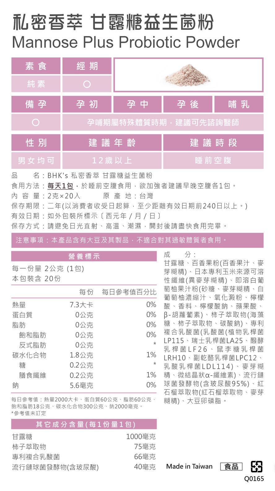 BHK私密香萃營養標示與食用方法