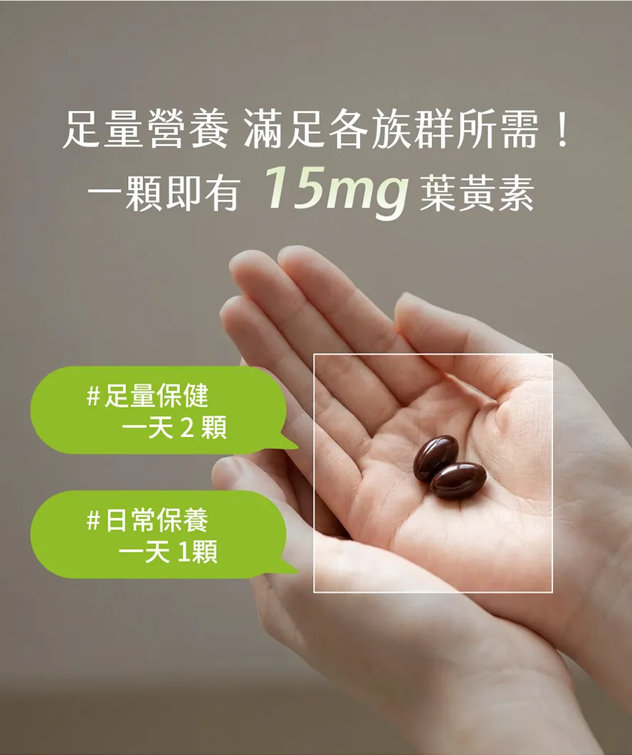 每顆游離型葉黃素15mg，足量保健日吃2顆