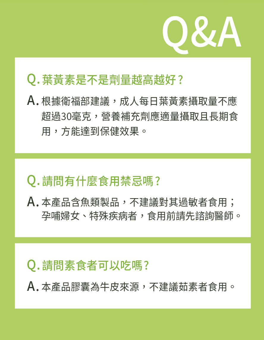 BHK's金盞花葉黃素問與答，每粒含量15毫克，6歲以上皆可食用。