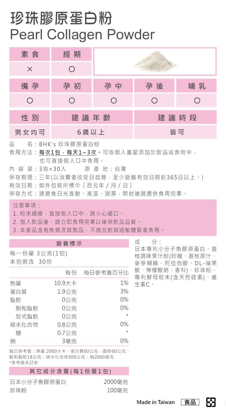 BHK’s保健食品皆經安全檢驗合格，本產品粉末細緻請小心嗆口，長期食用有助於養顏美容。