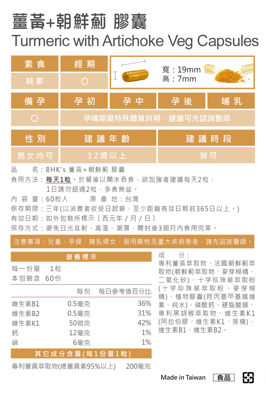 BHK's專利薑黃通過安全檢驗，安全無慮，無副作用，有效對抗甘苦。