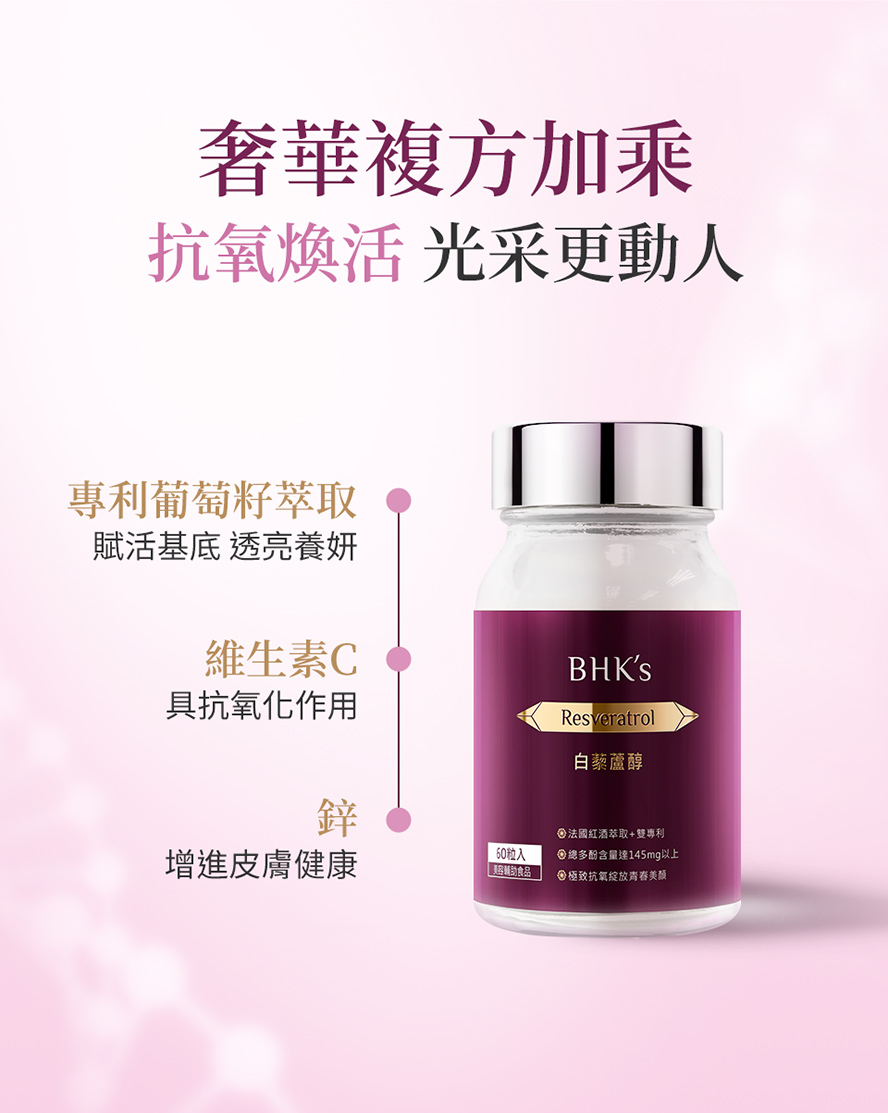 BHKs白藜蘆醇添加葡萄籽、維生素C與鋅。