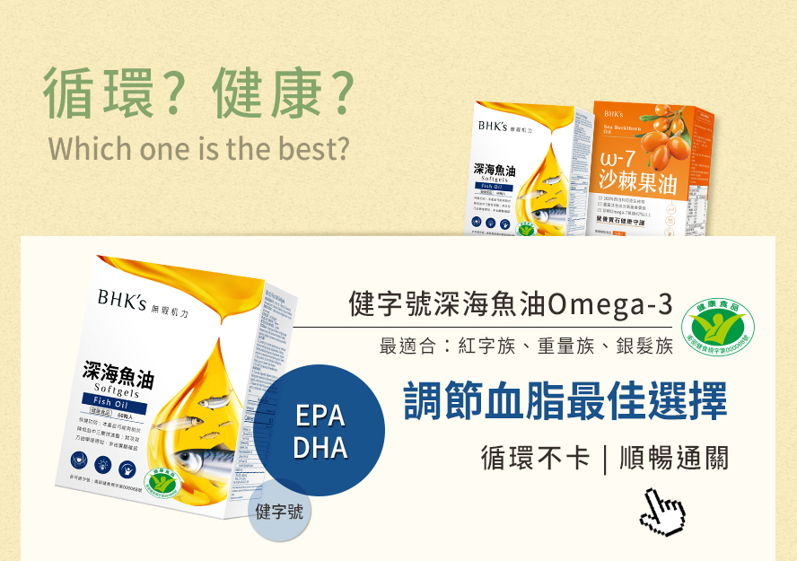 BHK's專利魚油含豐富omega-3，有助於新血管循環健康。