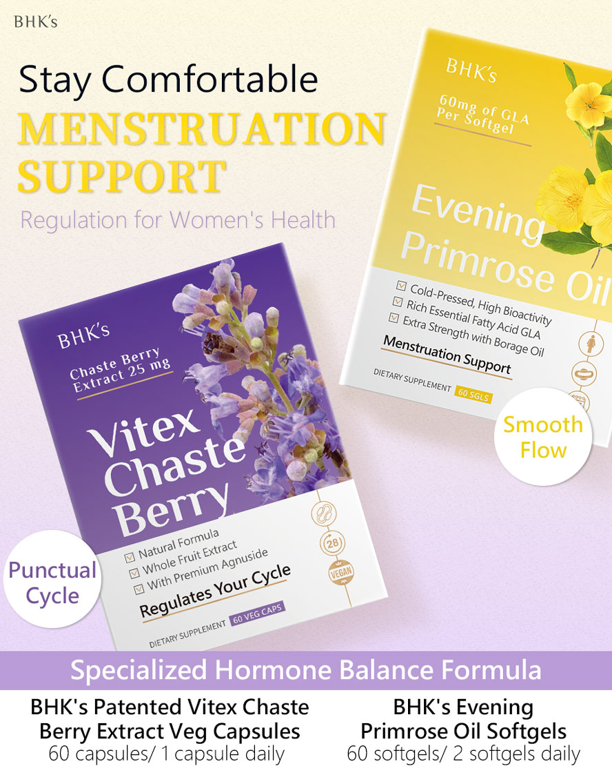 BHK's Vitex Chaste Berry Extract+ Evening Primrose Oil treats hormonal imbalances and comfort your menstrual period