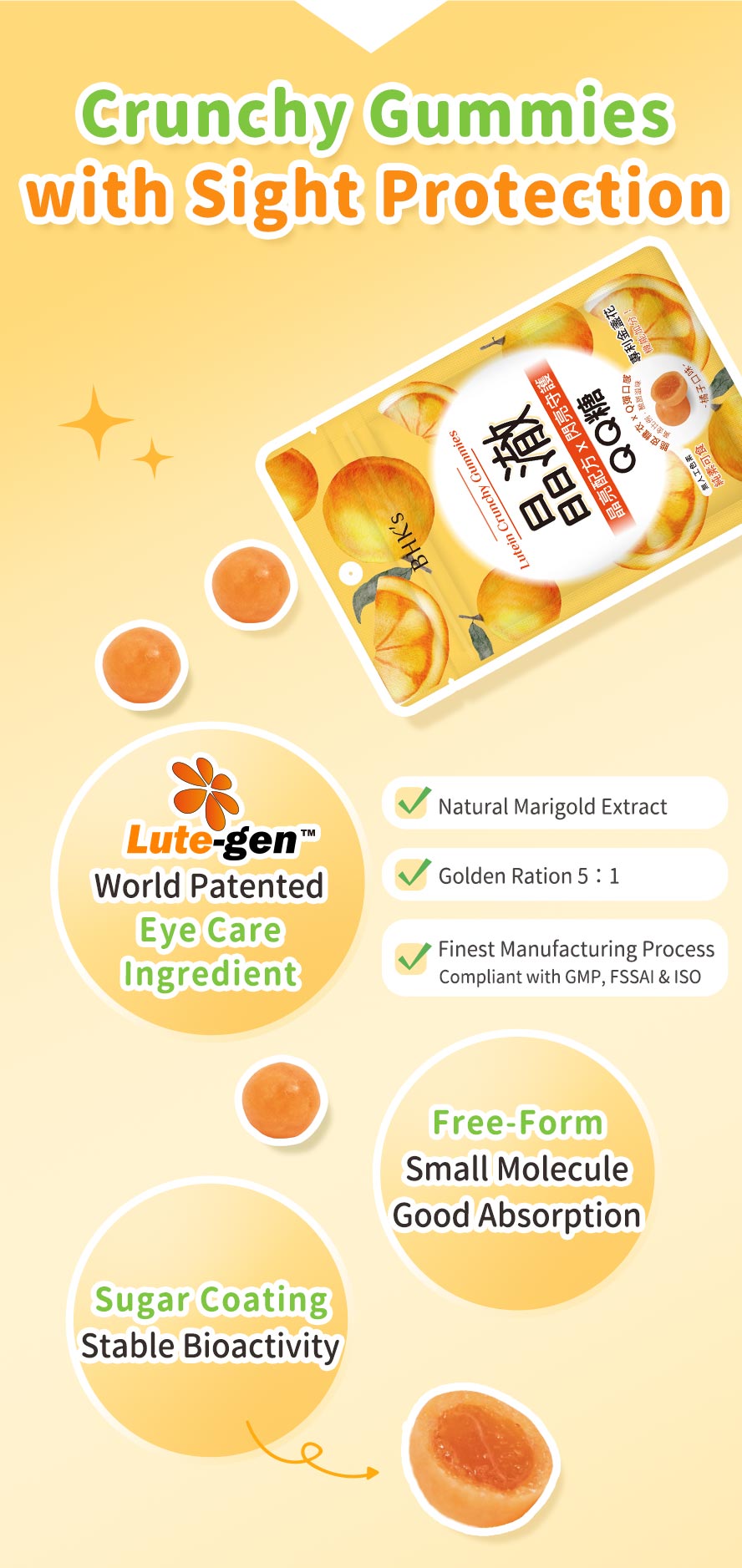 BHK's Lutein Crunchy Gummies uses patented marigold extract free-form lutein with stable bioactivity and good abasorption.