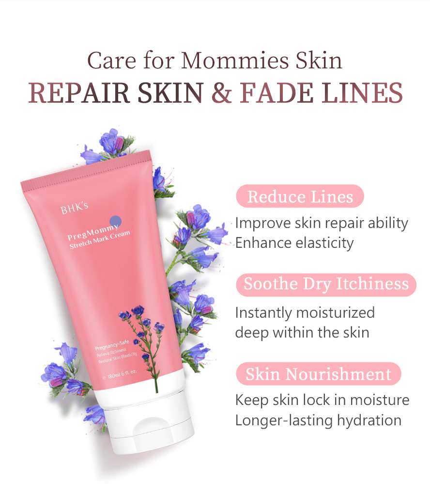 Nutritionist recommend mommies to massage belly with BHK's PregMommy Stretch Mark Cream from early pregnancy to enhance skin elascity and promote a better stretch mark prevention.
BHK's PregMommy Stretch Mark Cream can maintain skin elasticity to prevent stretch marks, moisturize dry itchy skin, and firm skin to nourish stretched skin.