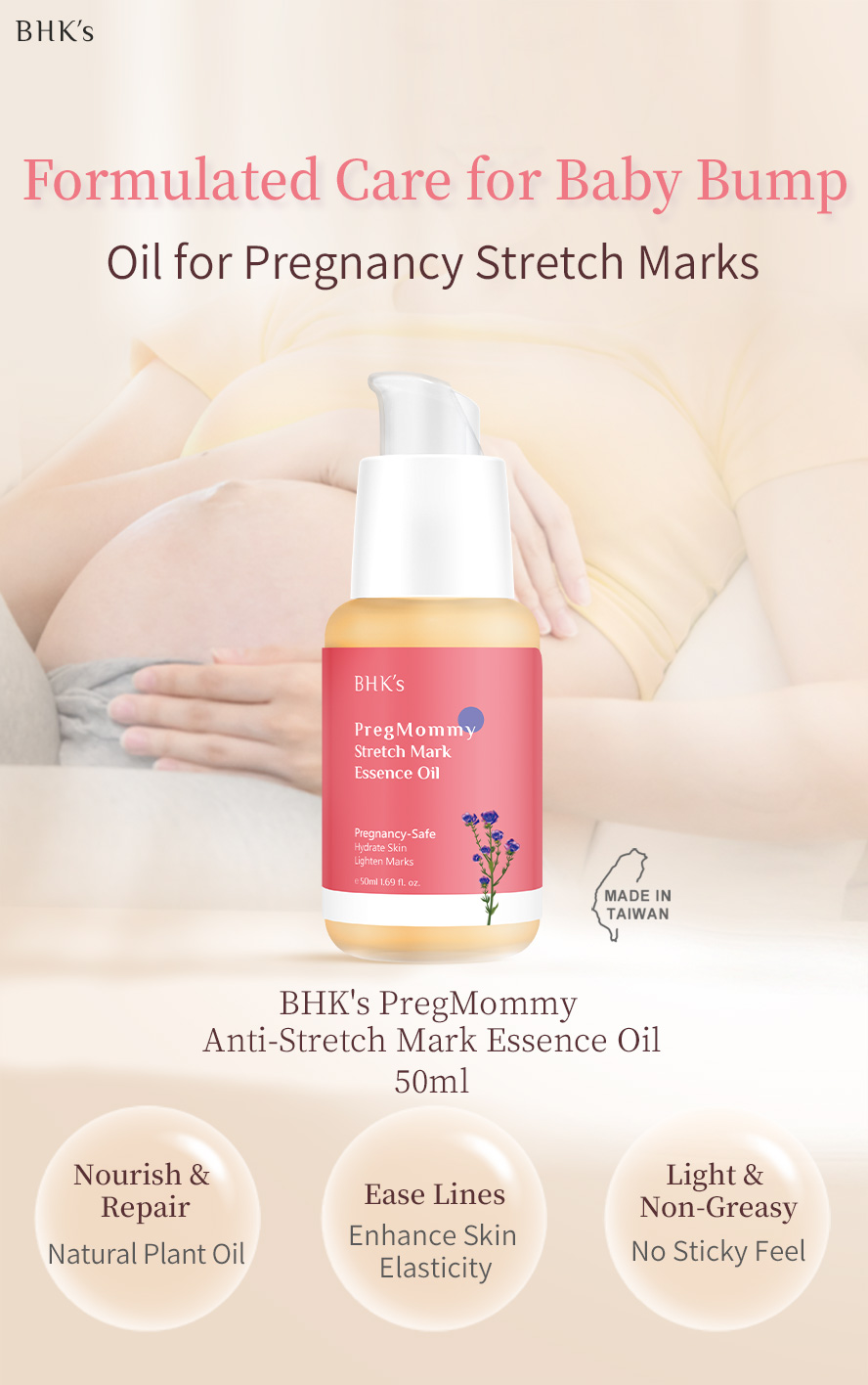 BHK's PregMommy Anti-Stretch Mark Essence Oil is a formulated baby bump care to repair skin, ease stretch marks, and enhance skin elasticity with a light and non-greasy texture.