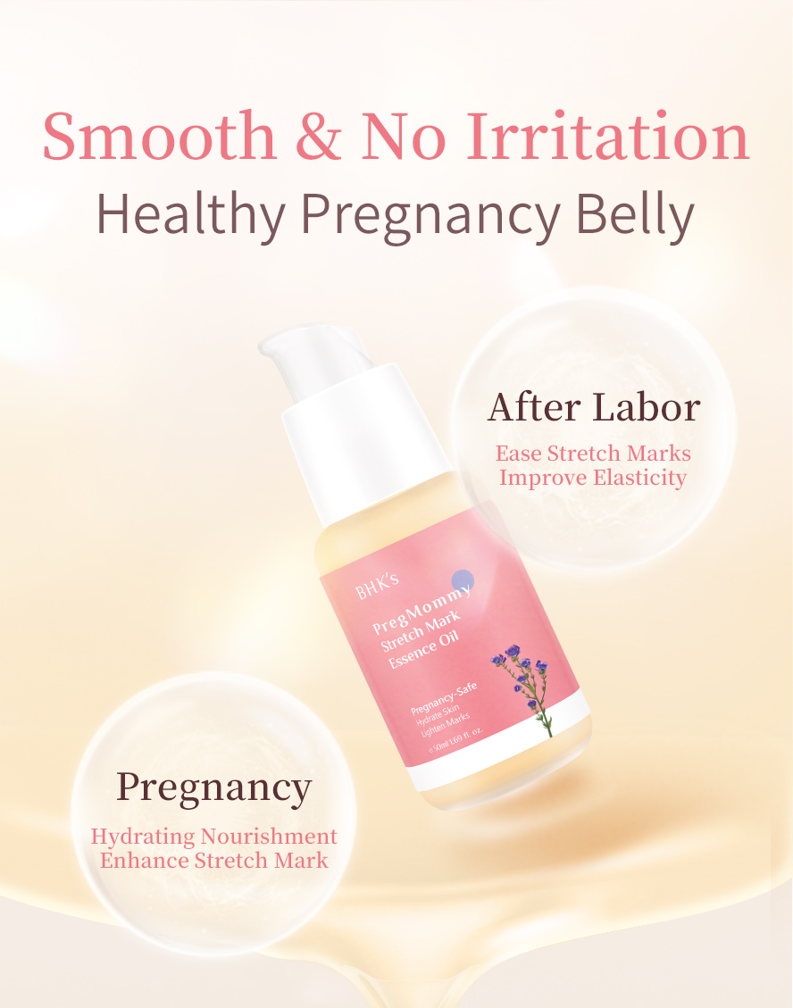 BHK's PregMommy Anti-Stretch Mark Essence Oil is a pregnancy-friendly body care product that can be used throughout pregnancy and even after labor. It moisturizes the skin and improves skin elasticity, helping to ease the appearance of stretch marks.