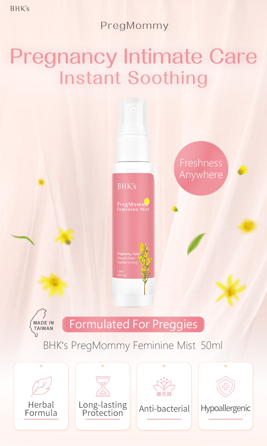 BHK's PregMommy Feminine Mist provide instant soothing effect and long-lasting anti-bacterial protection for pregnant women