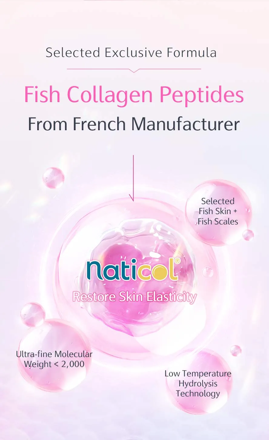 Patented collagen from France, hydrolyzed from fish skin & scales, promotes better skin hydration retention and no fishy odor.