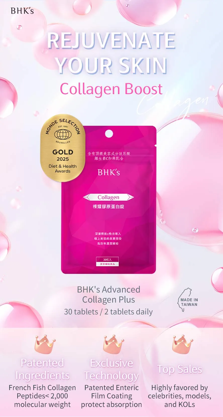 BHK's Collagen uses French patented collagen, recognized by celebrities and won Monde Selection Gold Award.