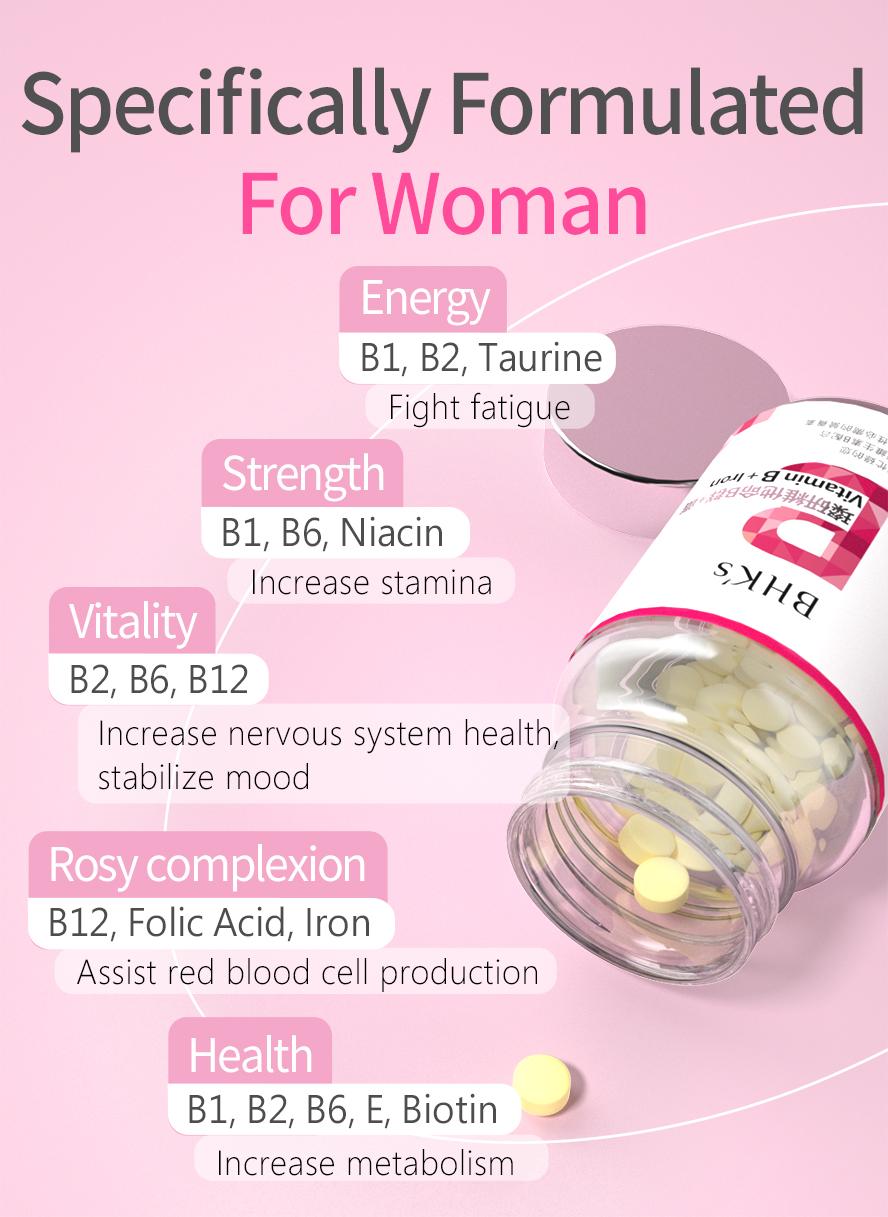BHK's Vitamin B Complex with Iron, added with folic acid and niacin to give healthy rosy complexion