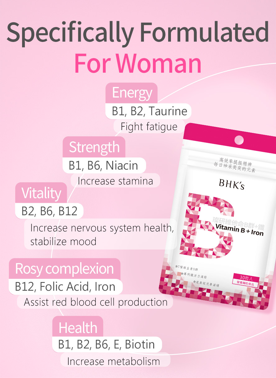 BHK's Vitamin B Complex with Iron, added with folic acid and niacin to give healthy rosy complexion