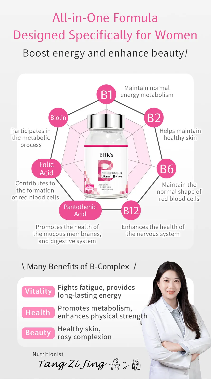 BHK's Vitamin B Complex with Iron, added with folic acid and niacin to give healthy rosy complexion