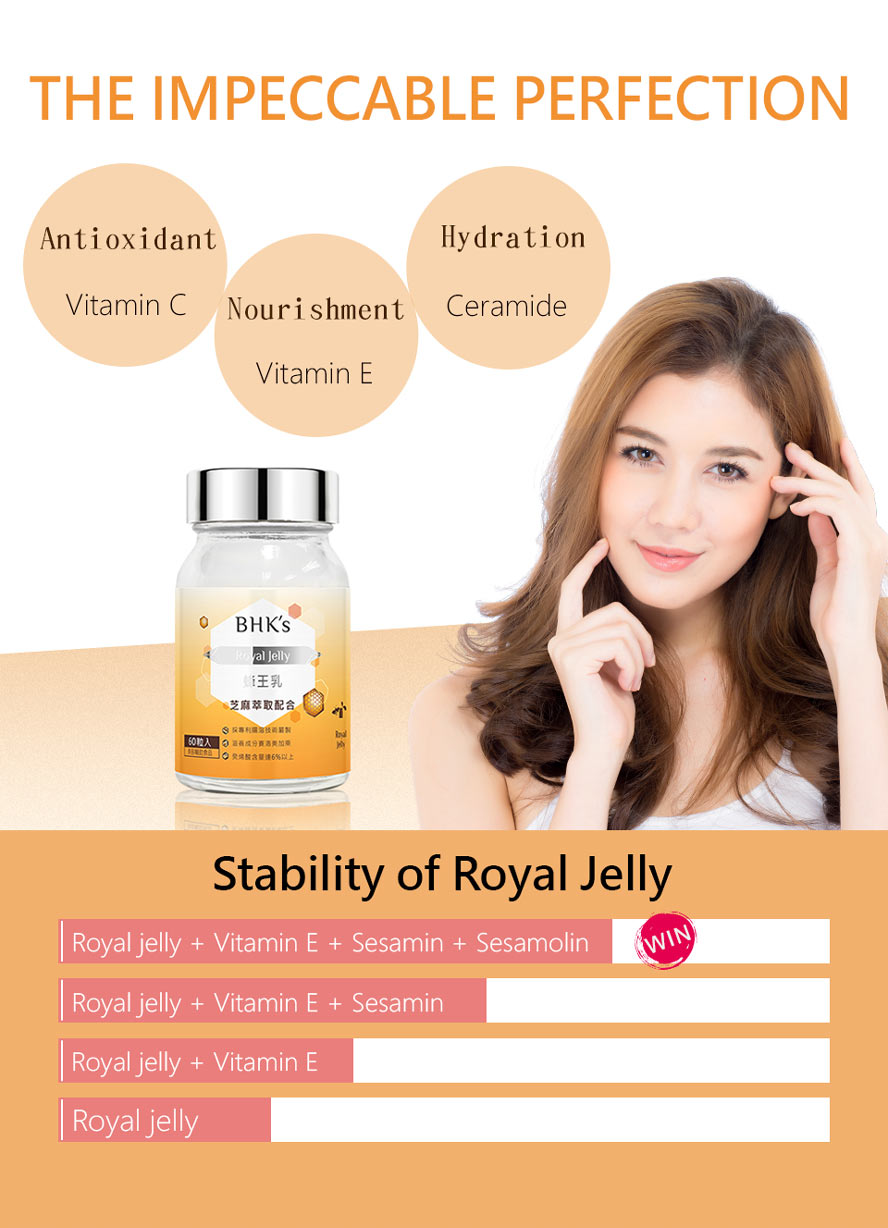 BHK's royal jelly uses highest quality of formula, rich with ceramide & vitamin E to smooth wrinkles & anti-aging effectively.