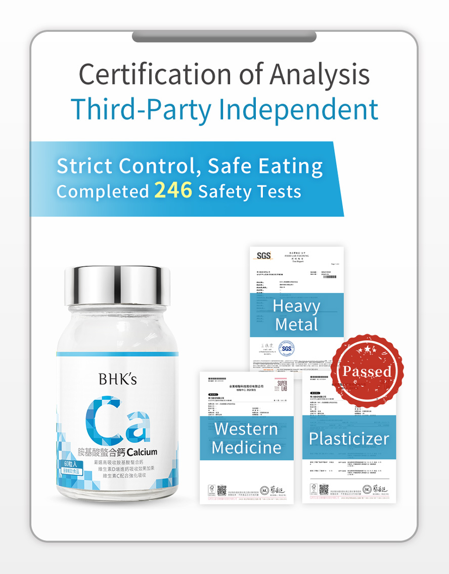 BHK's Amino Acid Chelated Calcium Tablets provide instant calcium replenishment for children, teenager, office worker, adult, and elders.