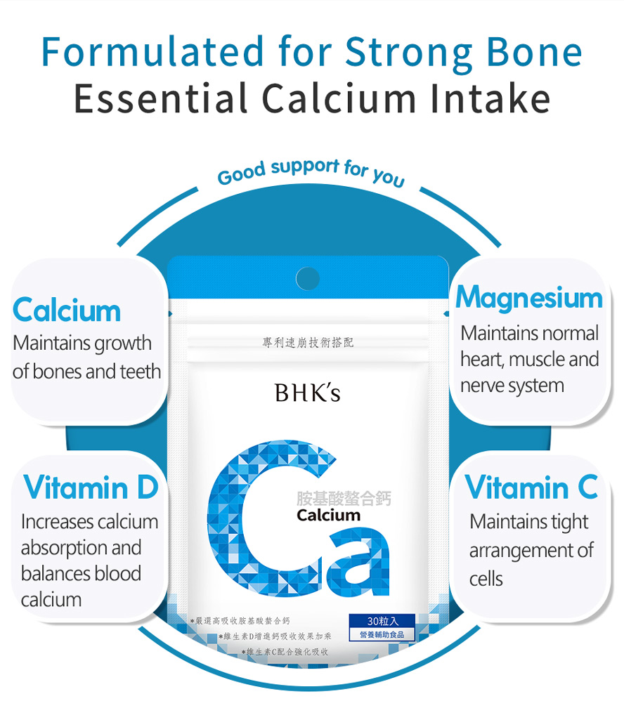BHK's Amino Acid Chelated Calcium Tablets contains calcium, vitamin D, magnesiun, and vitamin C to synergize nutrients effect