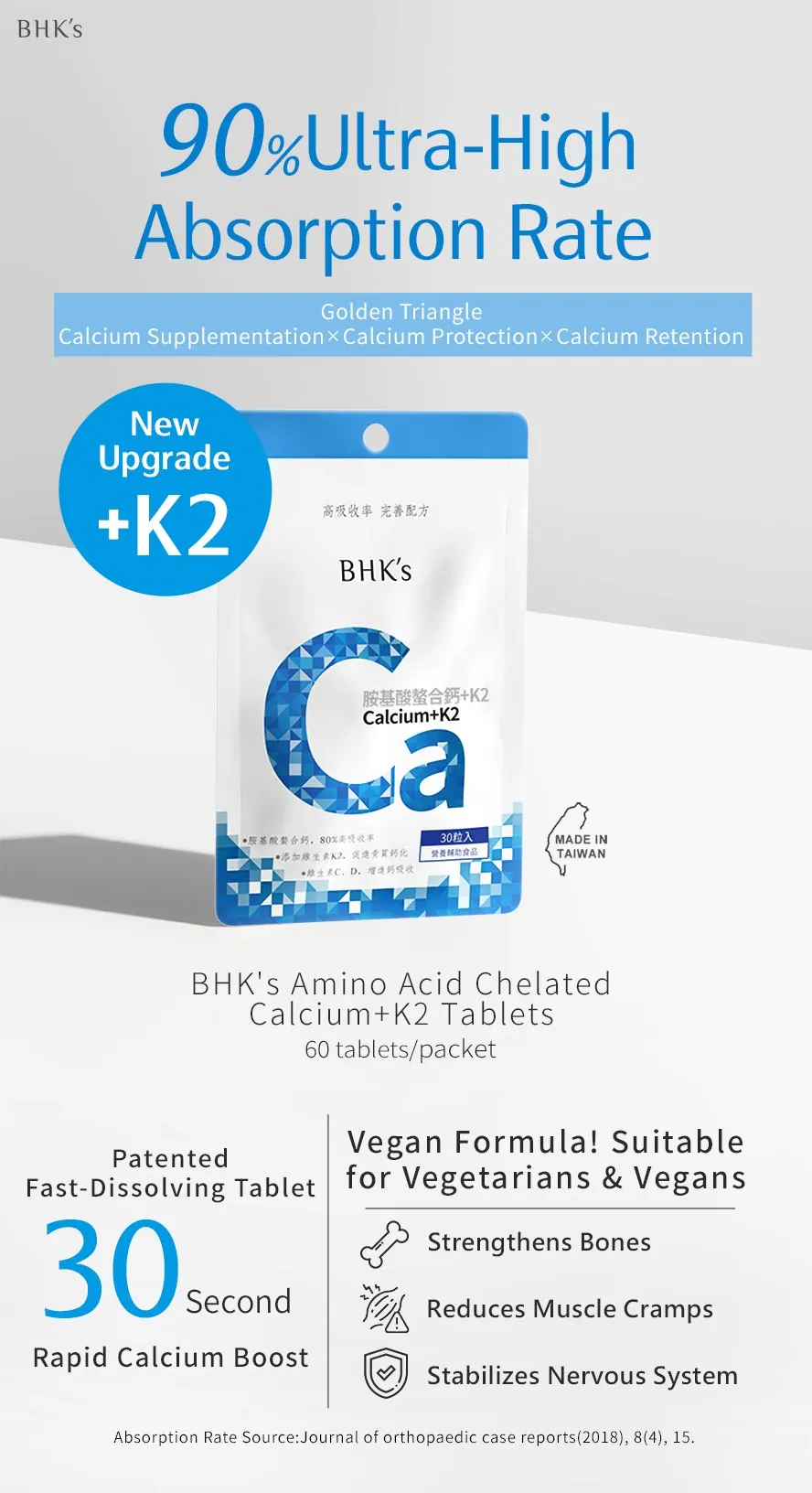 BHK's Amino Acid Chelated Calcium+K2 Tablets: The best choice for high absorption with no side effects to maintain bone health.