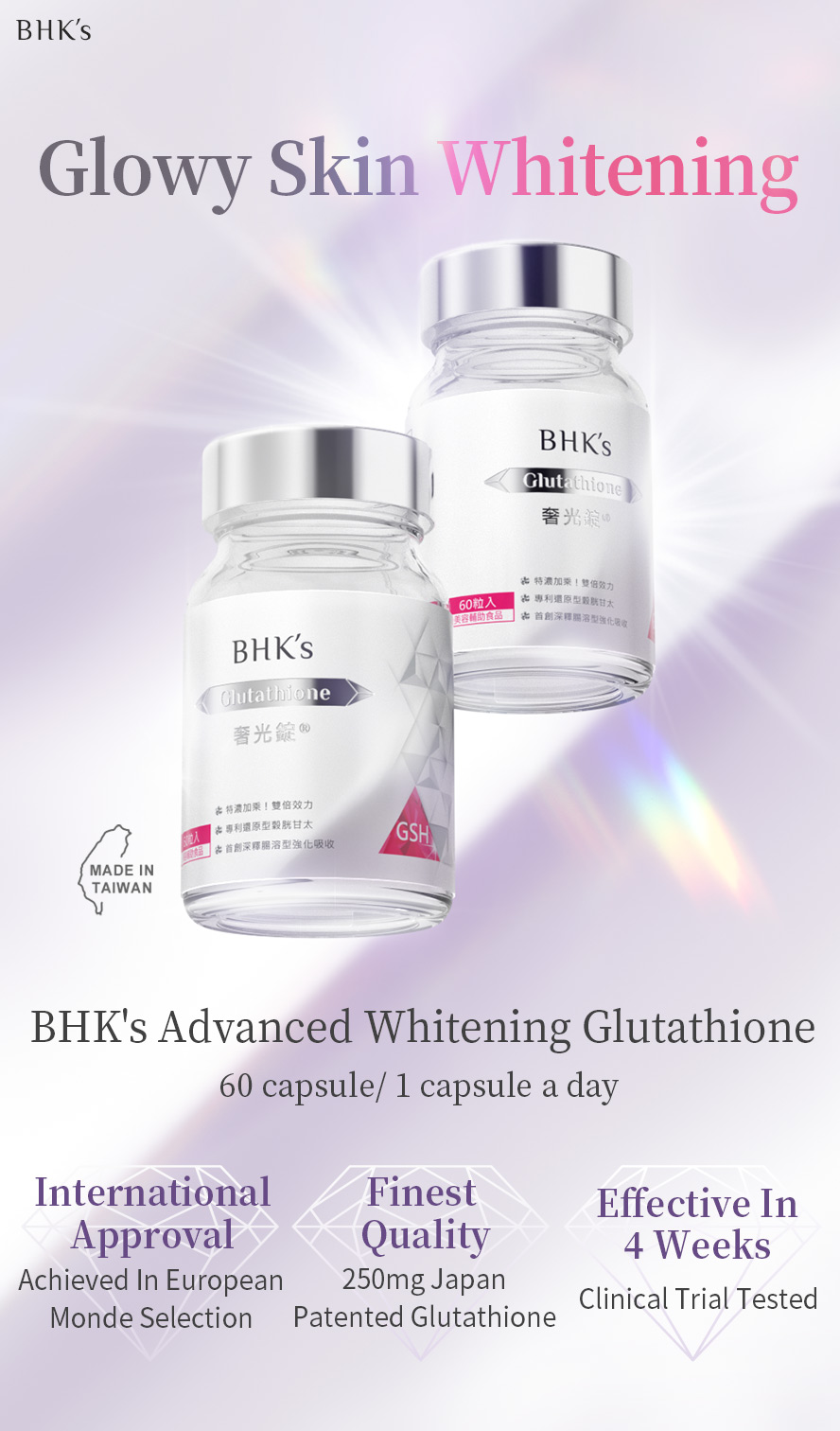 BHK's Glutathione the only clinical trial that tested 4 weeks effective skin whitening on the market, 250mg high dosage of glutathione