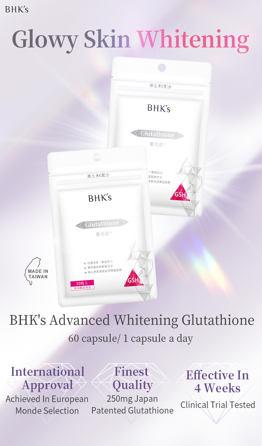 BHK's Glutathione the only clinical trial that tested 4 weeks effective skin whitening on the market, 250mg high dosage of glutathione