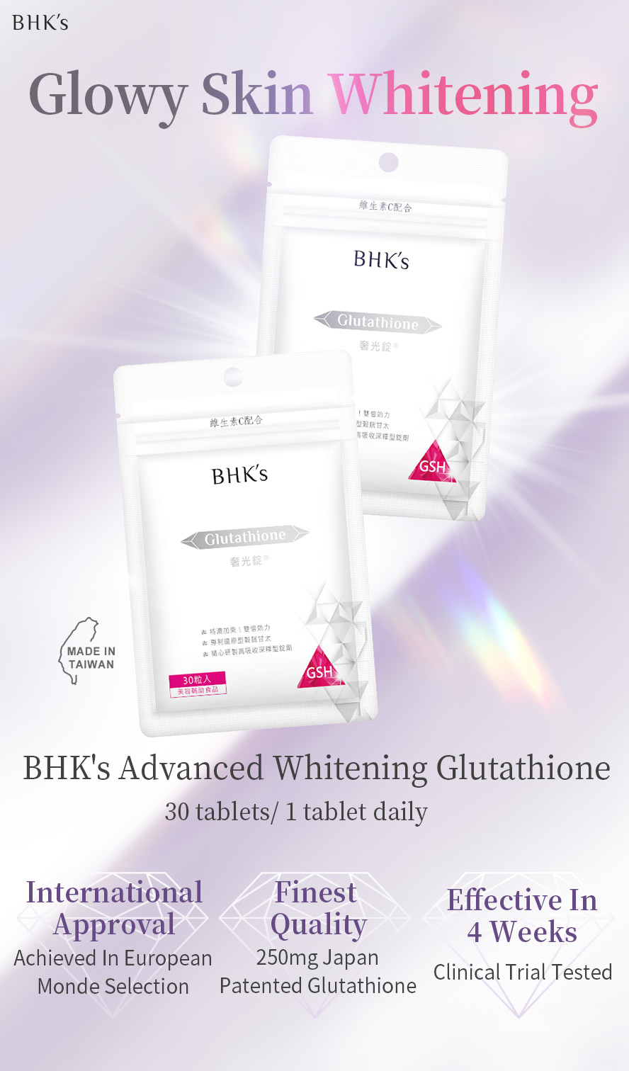 BHK's Glutathione the only clinical trial that tested 4 weeks effective skin whitening on the market, 250mg high dosage of glutathione