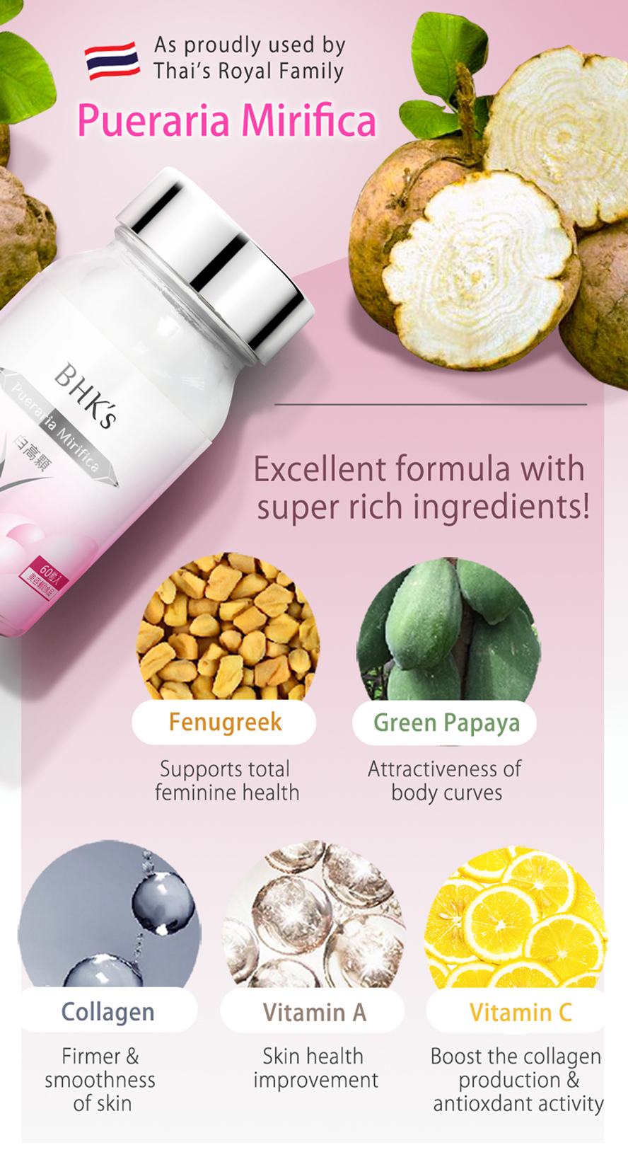 BHK's Pueraria Mirifica firms up and stimulates the growth of breast tissues just as a second youth