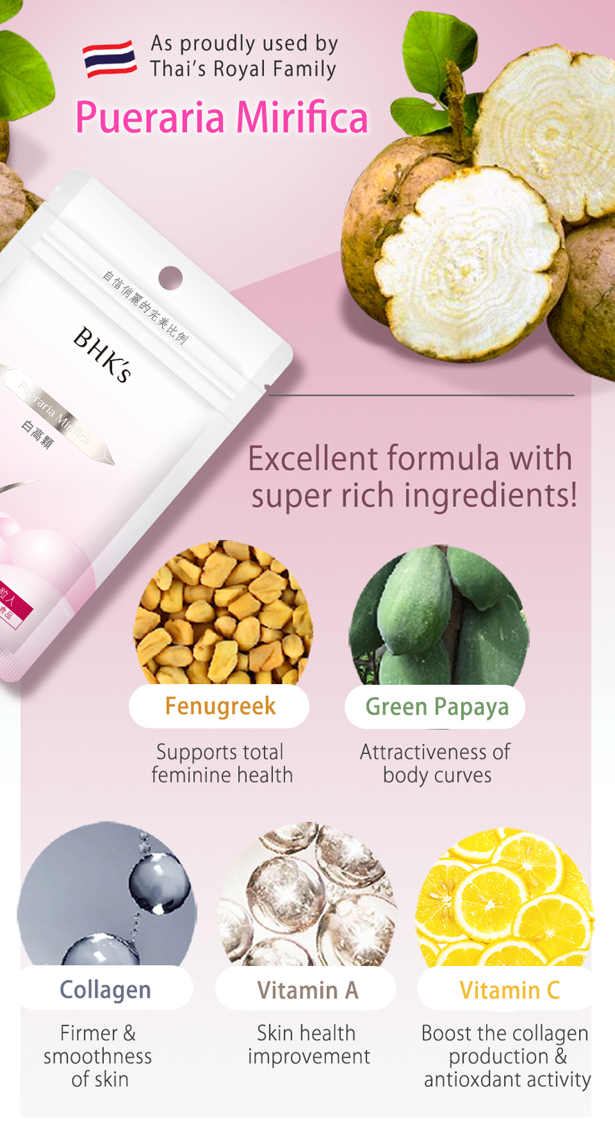 BHK's Pueraria Mirifica firms up and stimulates the growth of breast tissues just as a second youth