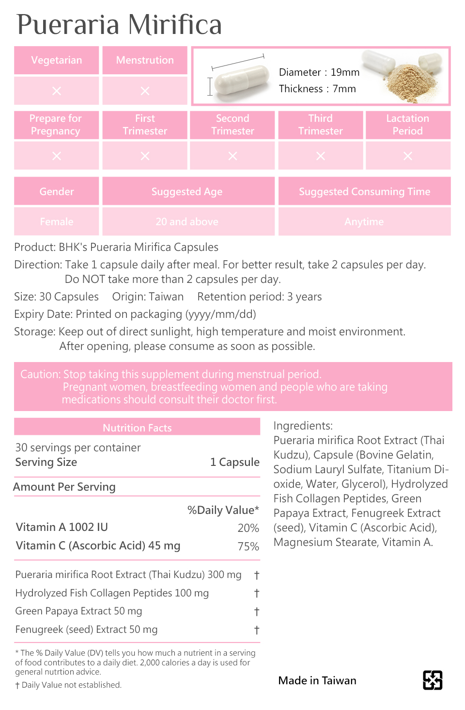 BHK's Pueraria Mirifica is safety inspection, No side effects, natural ingredients.