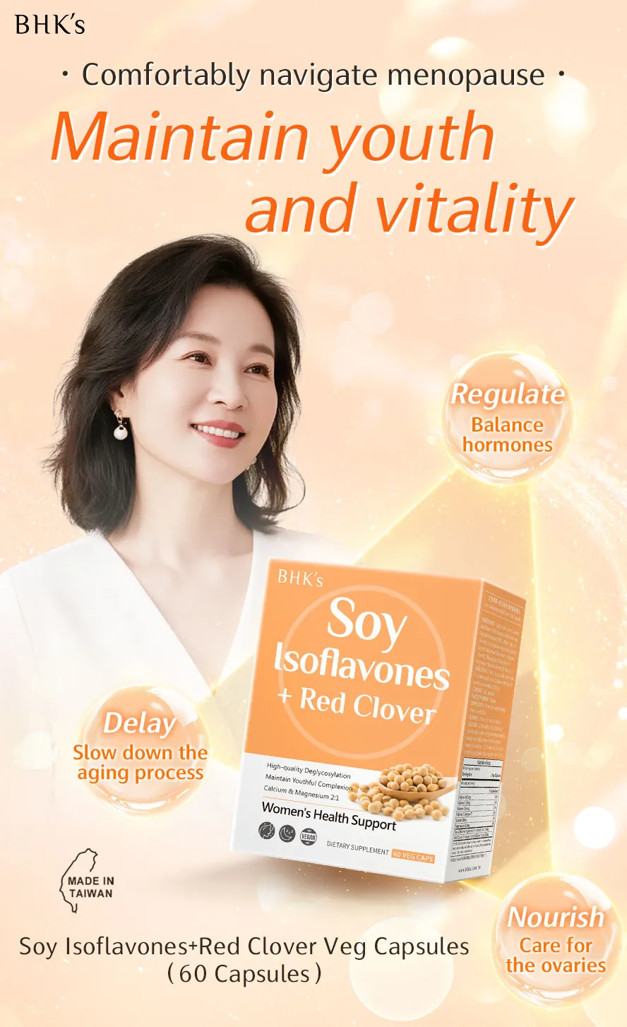 BHK's Soy Isoflavones are ideal for menopausal and postmenopausal women to relieve discomfort and maintain youthful vitality.