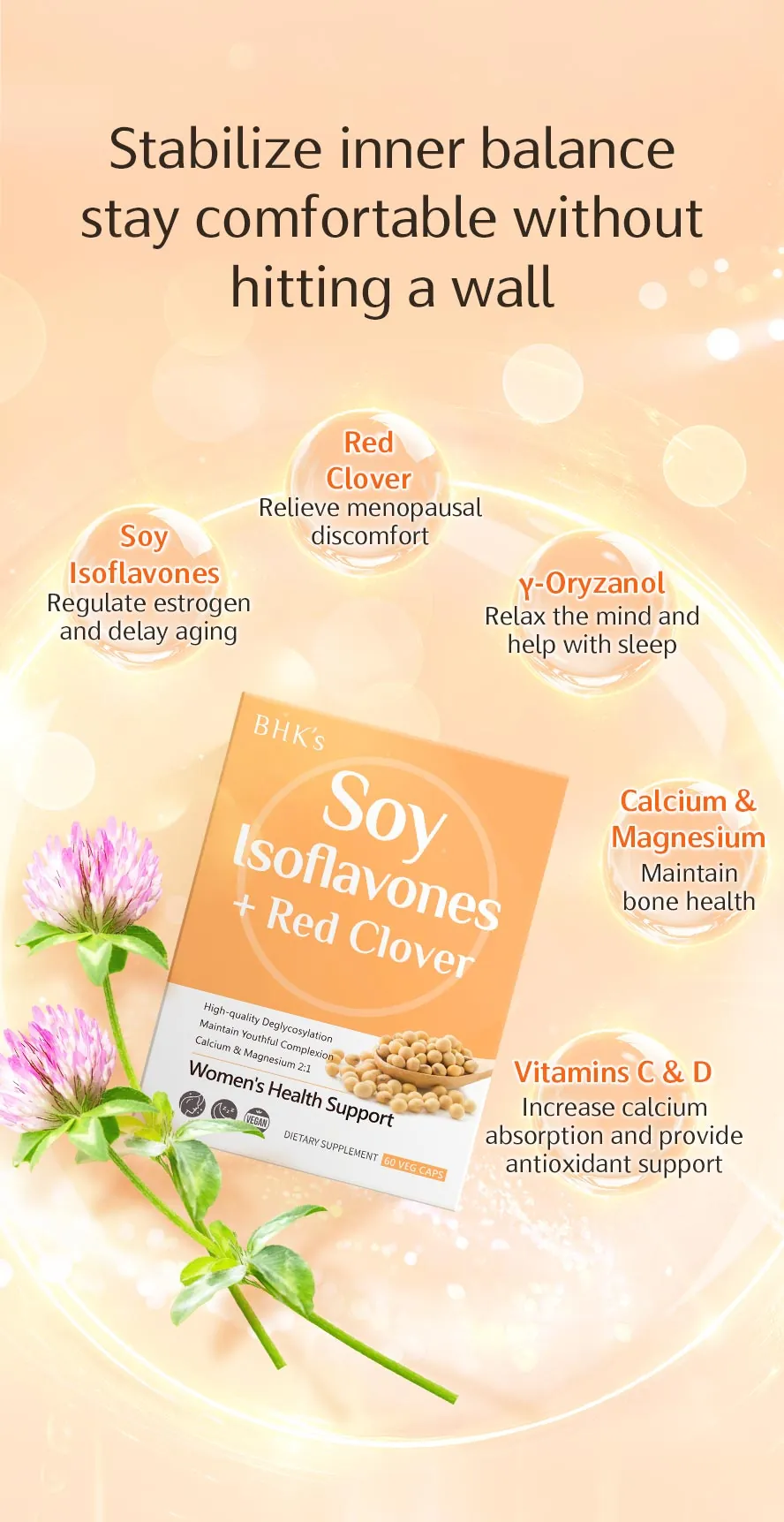 BHK's Soy Isoflavones helps improve menopause symptoms, maintain bone density, support better sleep, enhance mood, and sustain youthful energy.