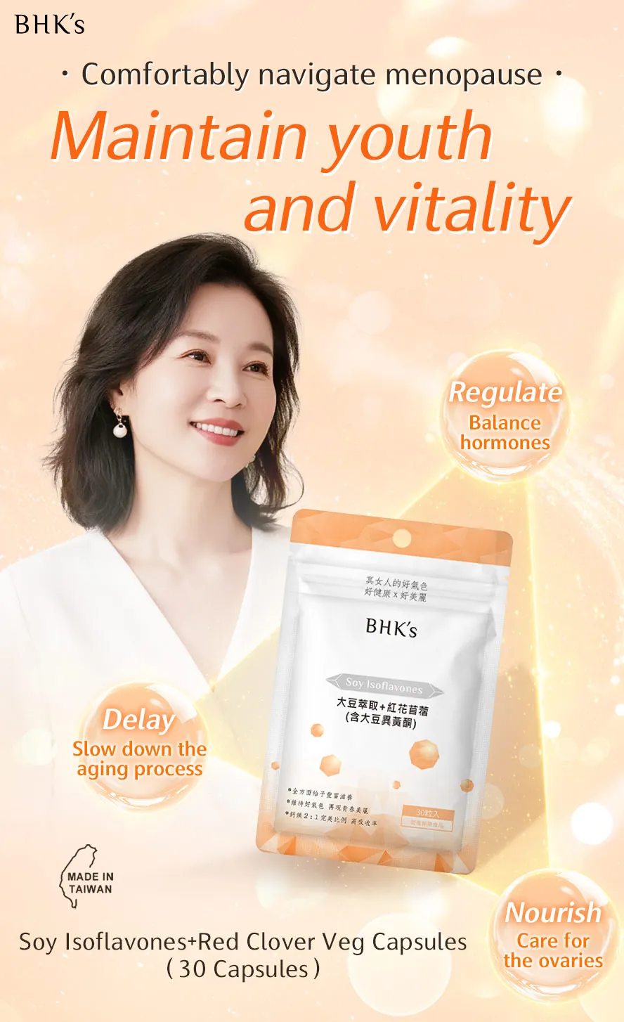 BHK's Soy Isoflavones are ideal for menopausal and postmenopausal women to relieve discomfort and maintain youthful vitality.