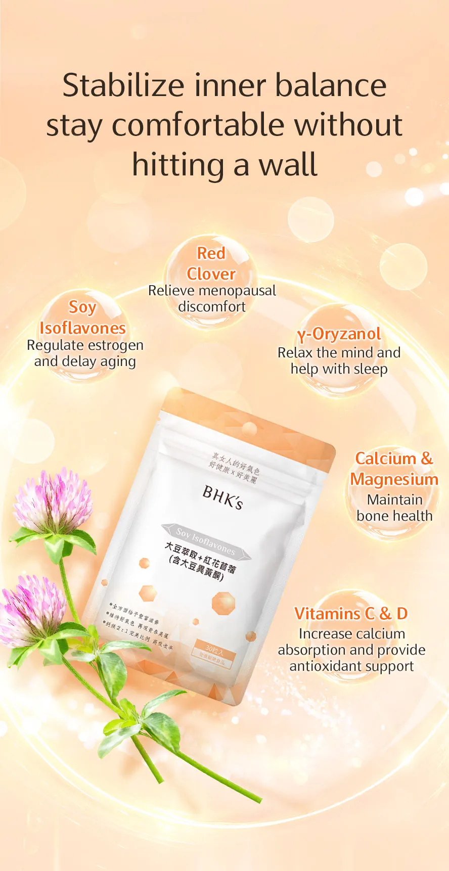 BHK's Soy Isoflavones helps improve menopause symptoms, maintain bone density, support better sleep, enhance mood, and sustain youthful energy.
