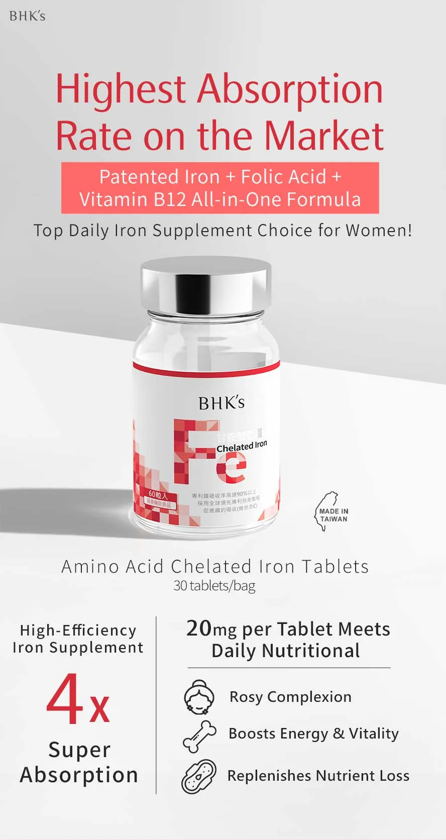 BHK's Amino Acid Chelated Iron Tablets — The most convenient & effective iron savior for women to restore radiant complexion and relieve dizziness and anemia.