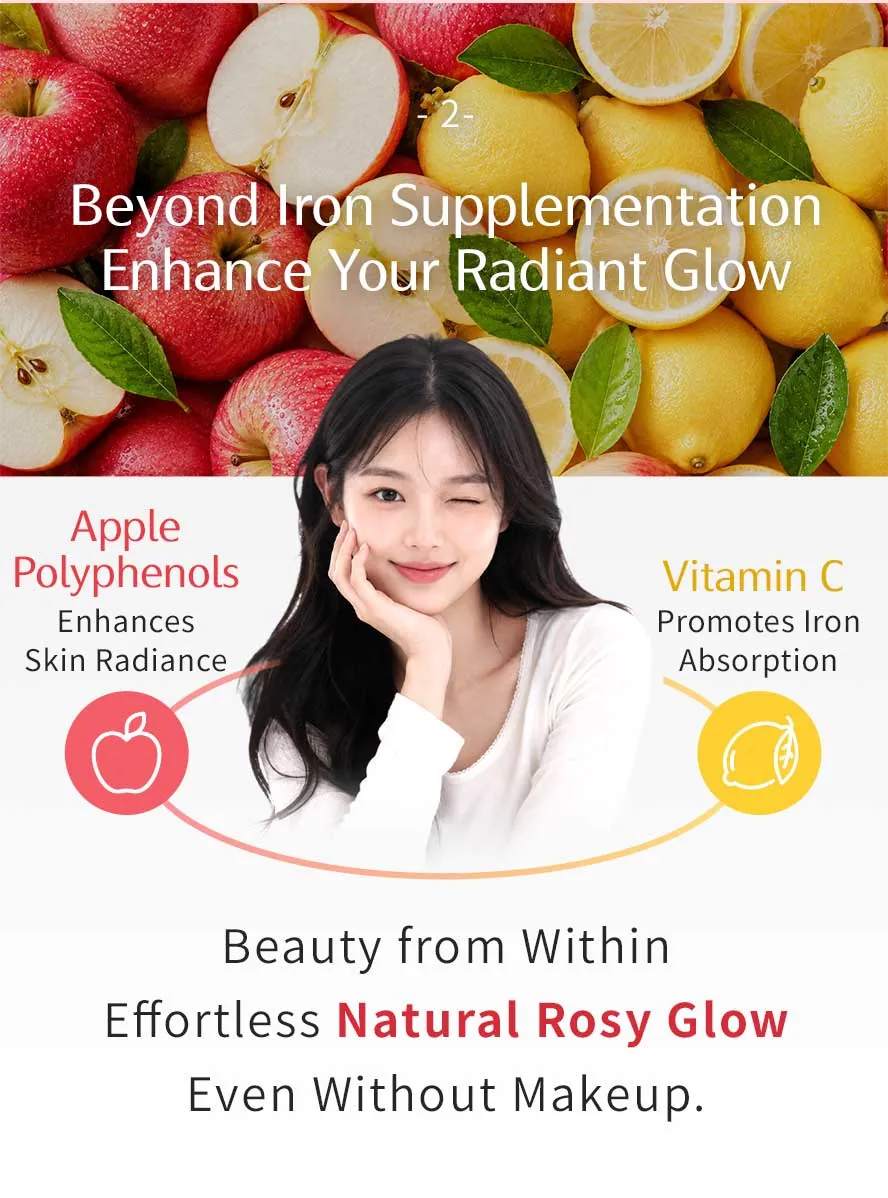 Formulated with Vitamin C and Apple Polyphenols to boost blood energy and restore a healthy, rosy glow.