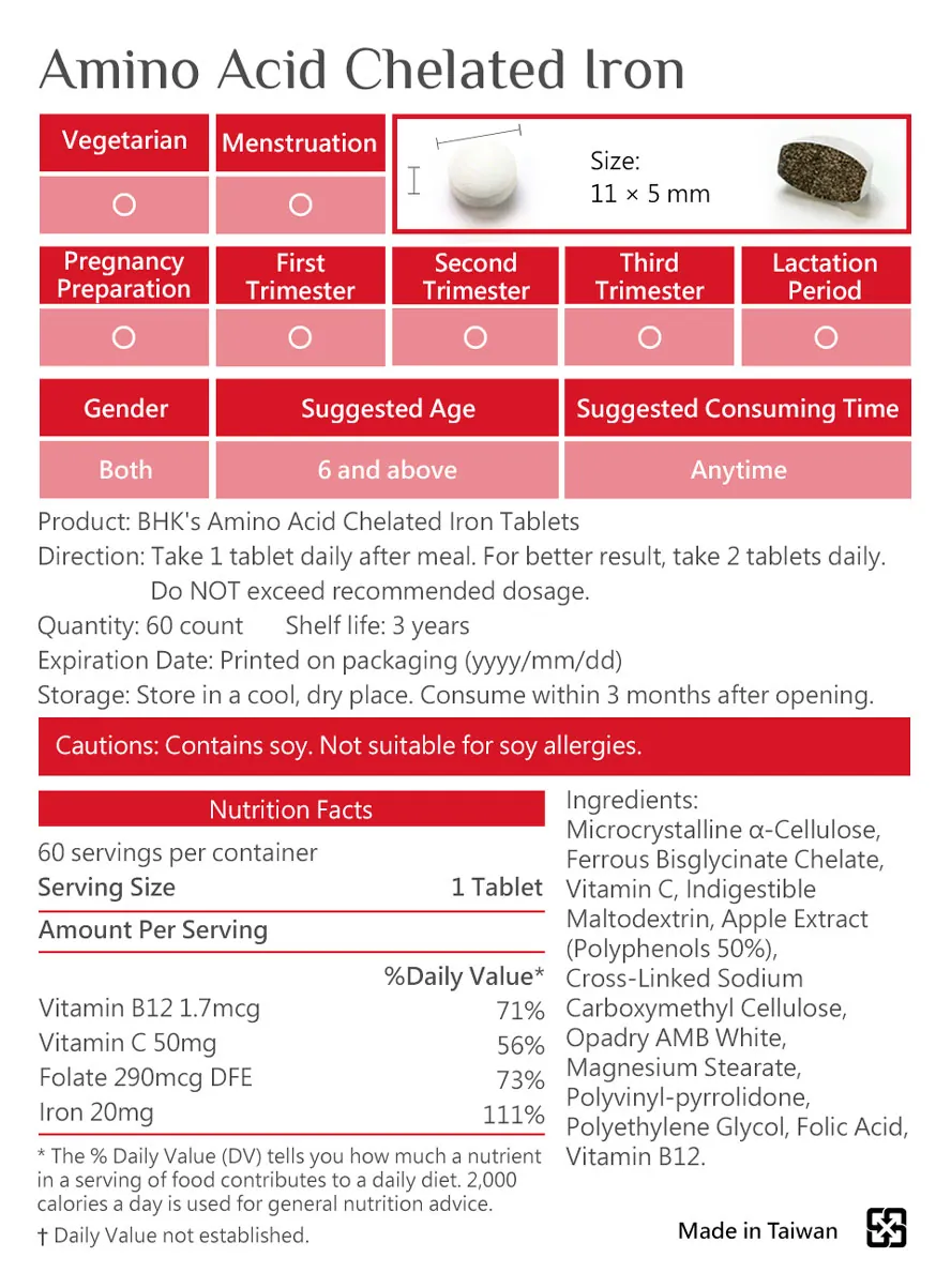 BHK's Ferrous Bisglycinate delivers 20 mg of iron per capsule with a 100% vegan formula suitable for vegetarians.