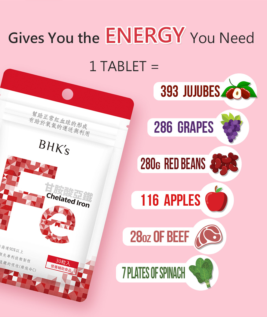 BHK's Chelated Iron can satisfy iron needs in 1 tablet.