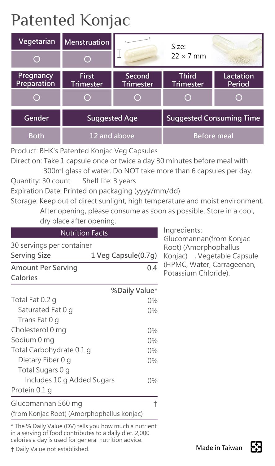 BHK's Konjac is safety inspection, No side effects, natural ingredients.