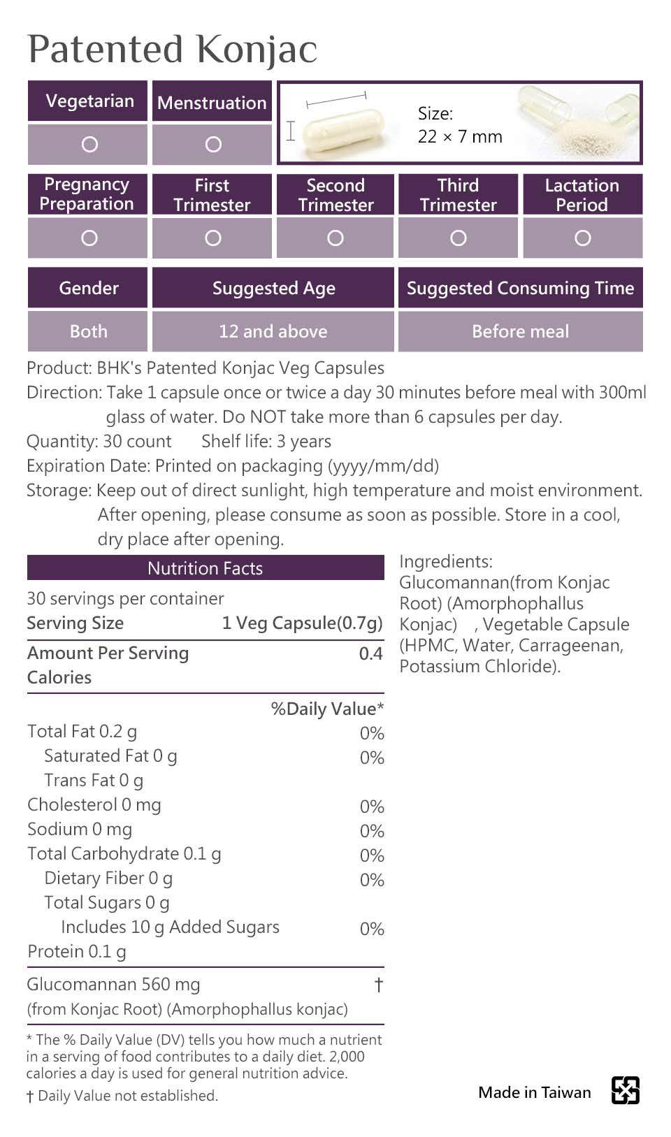 BHK's Patented Konjac has safety inspection, no side effects, natural ingredients.