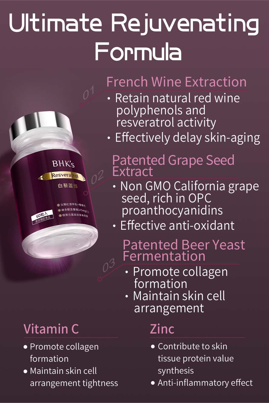 BHK’s Resveratrol contains natural antioxidants, such as French red wine extract, grape extract, zinc, and vitamin C.