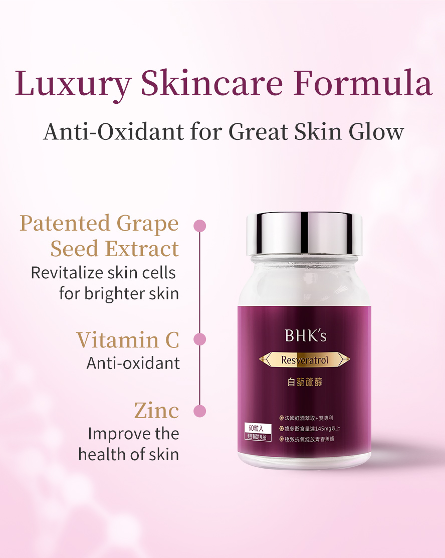 Resveratrol increases the skin’s overall antioxidant effectiveness including improve the look of fine lines, skin firmness, elasticity, hyperpigmentation, texture and overall radiance.