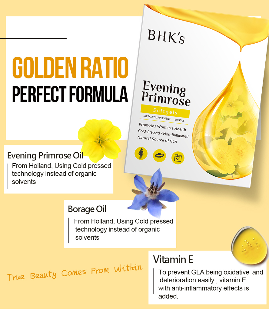 BHK's EveningPrimrose provide nutritients like Evening Primrose Oil, Borage Oil, and Vitamin E