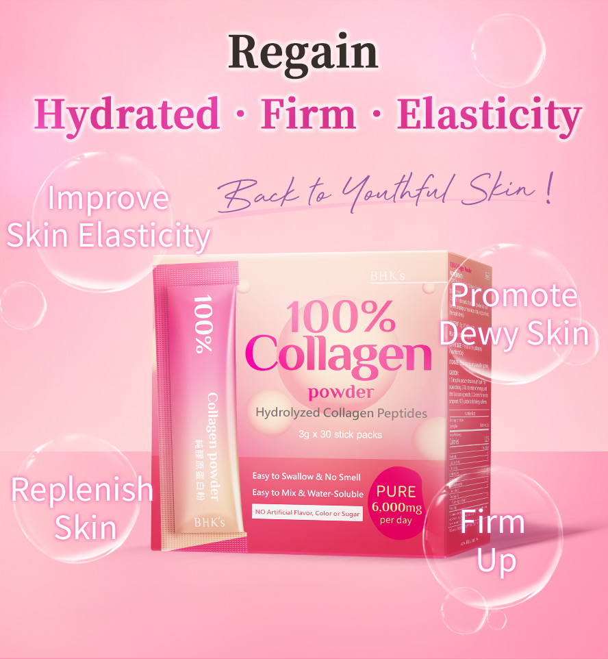 BHK's 100% Collagen Powder replenish skin to promote dewy and firm youthful skin.